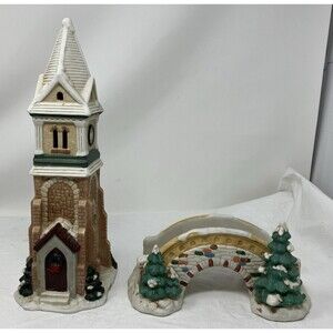 Mervyn's VILLAGE SQUARE Christmas Ceramic Winter Clock Tower 1996  & Bridge 1991